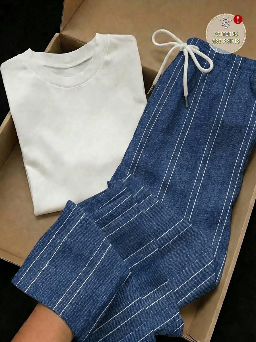minimalist white round neck top and striped pants set