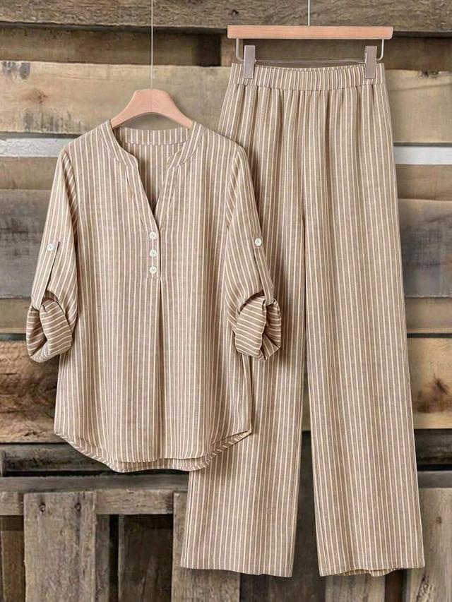 striped casual long sleeve shirt and trousers set