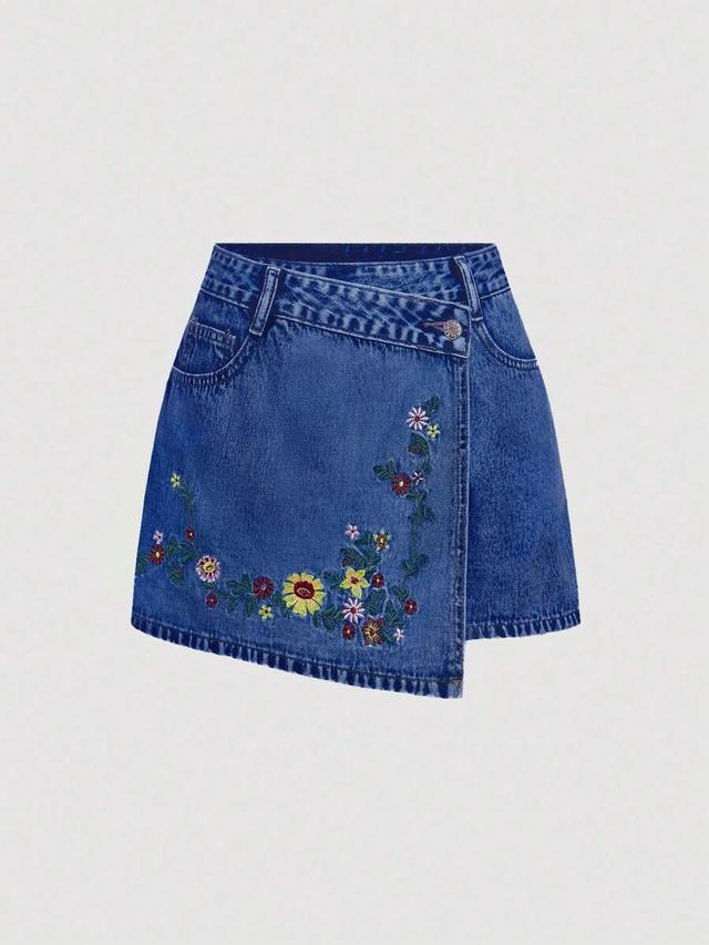 floral embroidery asymmetric hem denim skorts
