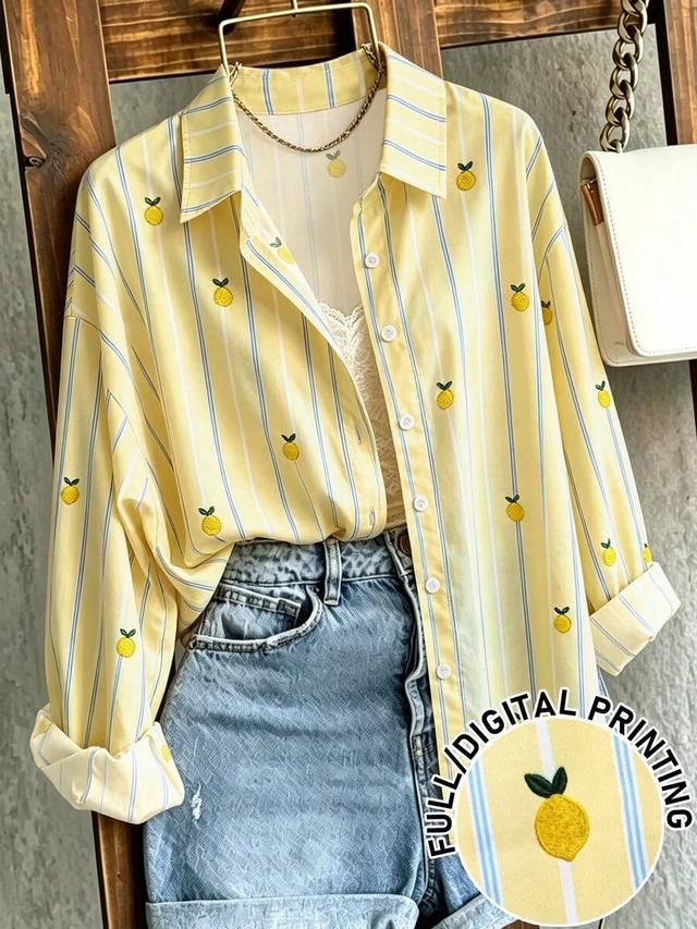 yellow striped lemon print long sleeve button-up shirt