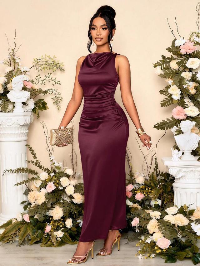 elegant solid color drape neck ruched sleeveless party dress