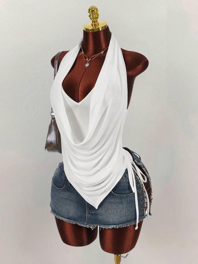 white draped neck layered halter blouse with side ruching