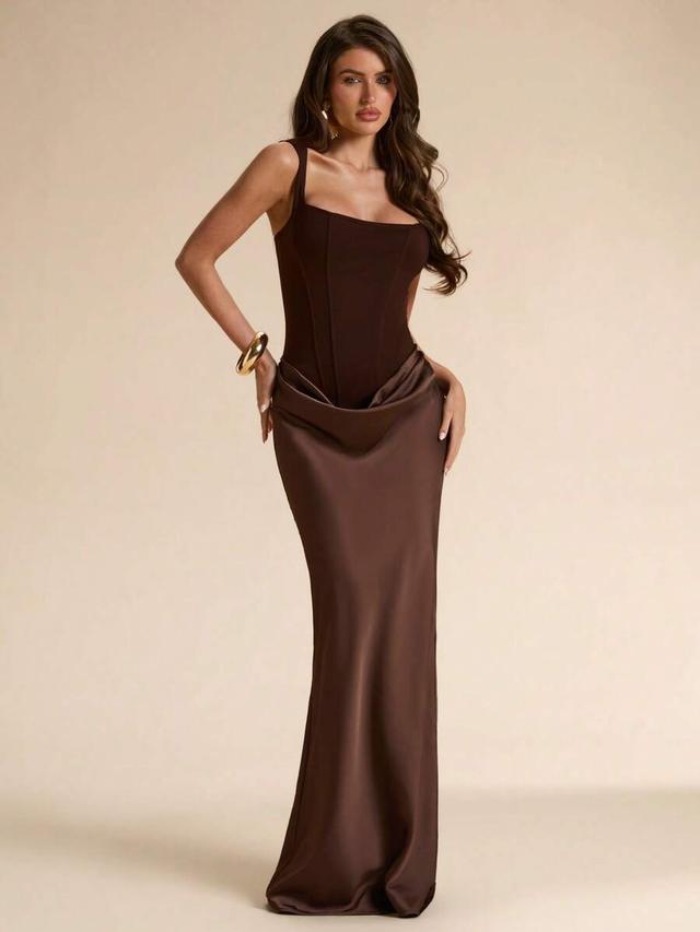 dark brown satin corset style fitted maxi dress