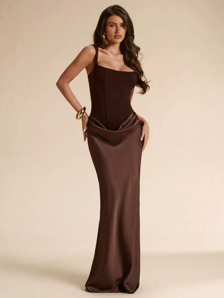 dark brown satin corset style fitted maxi dress