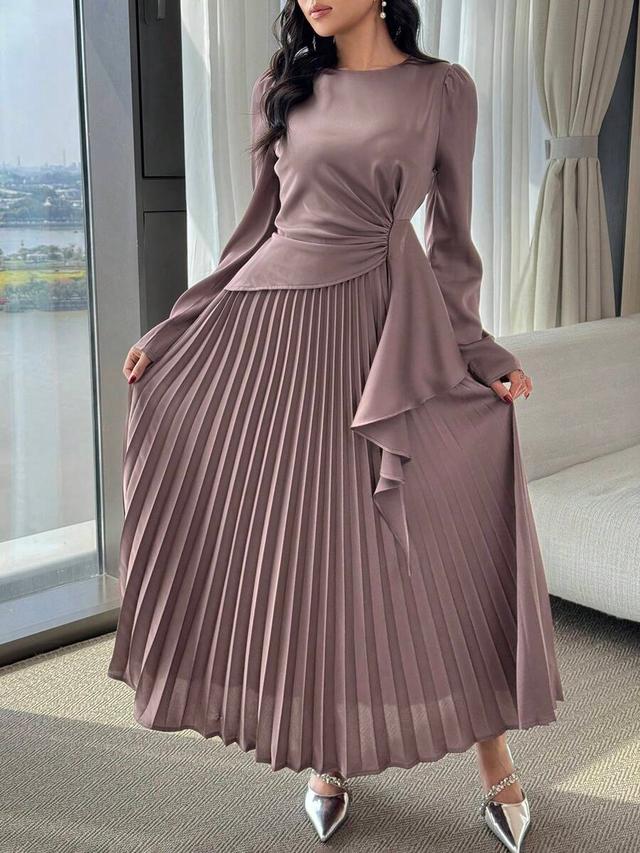 modelyn women's solid color round neck long sleeve dress