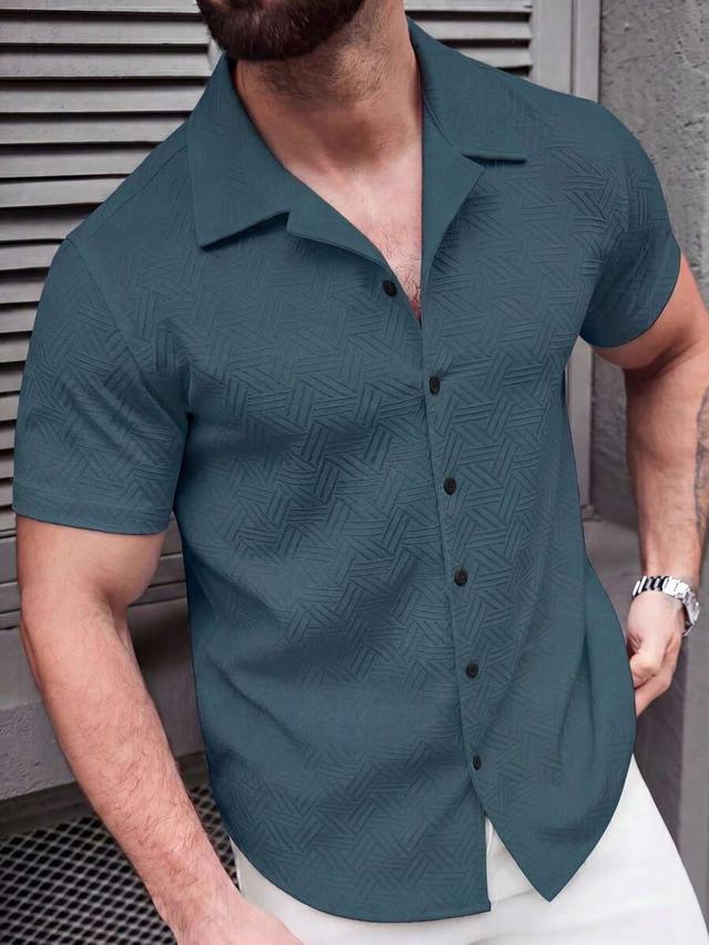 teal textured short sleeve casual button-up shirt