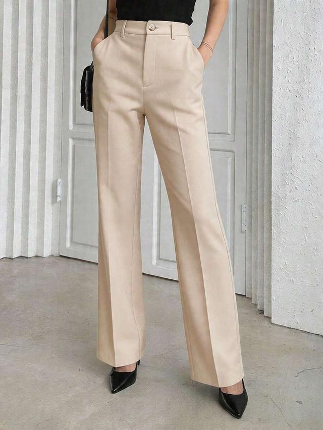 beige high-waisted business casual straight leg trousers