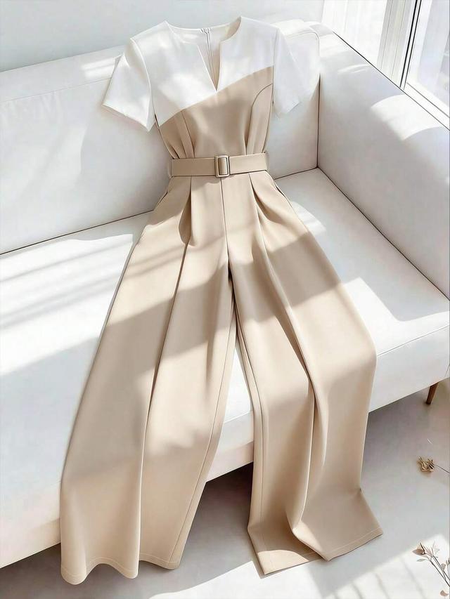 two-tone beige and white tailored jumpsuit