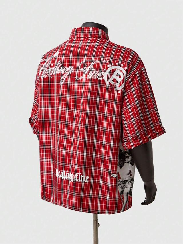 red plaid short sleeve shirt with graphic print