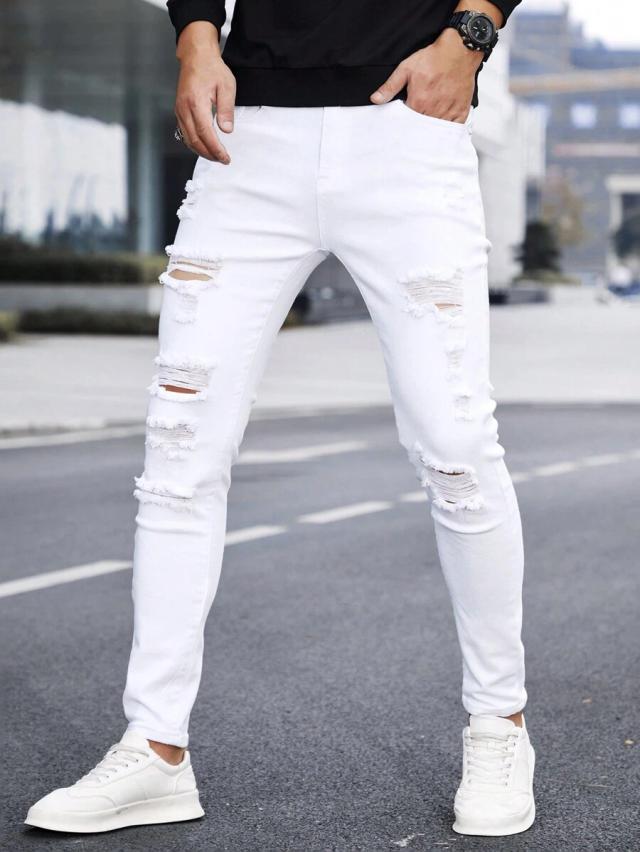 men's white cotton distressed slim fit jeans