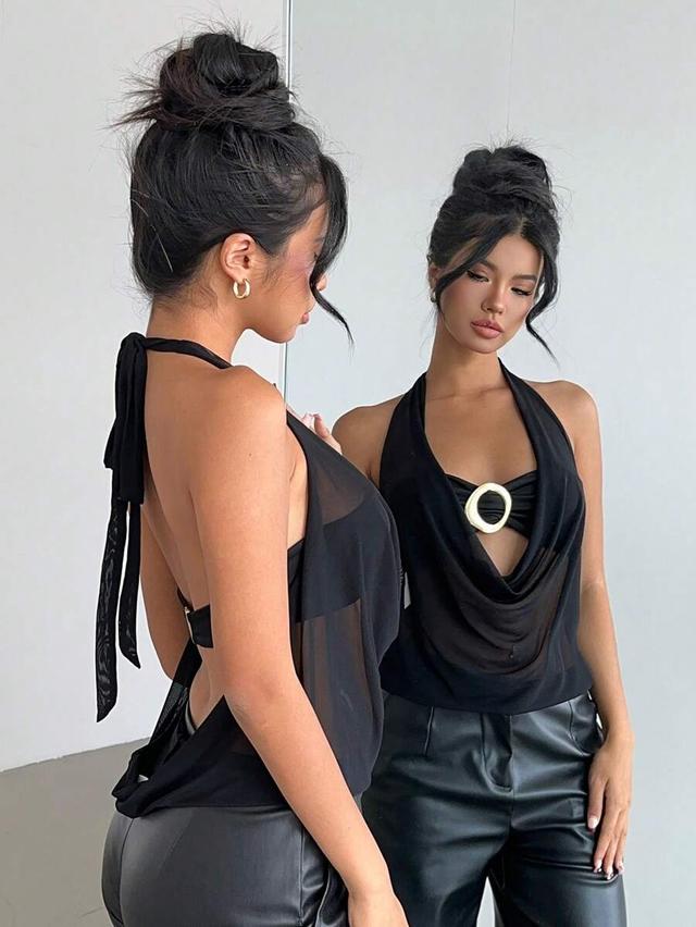 black draped neck backless semi-sheer modern halter top