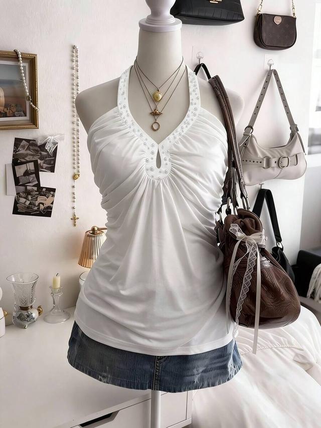 white pearl embellished backless halter top