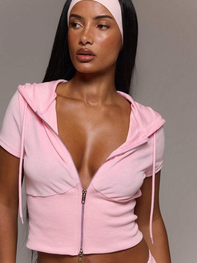 pink velour zip through hooded cap sleeve top