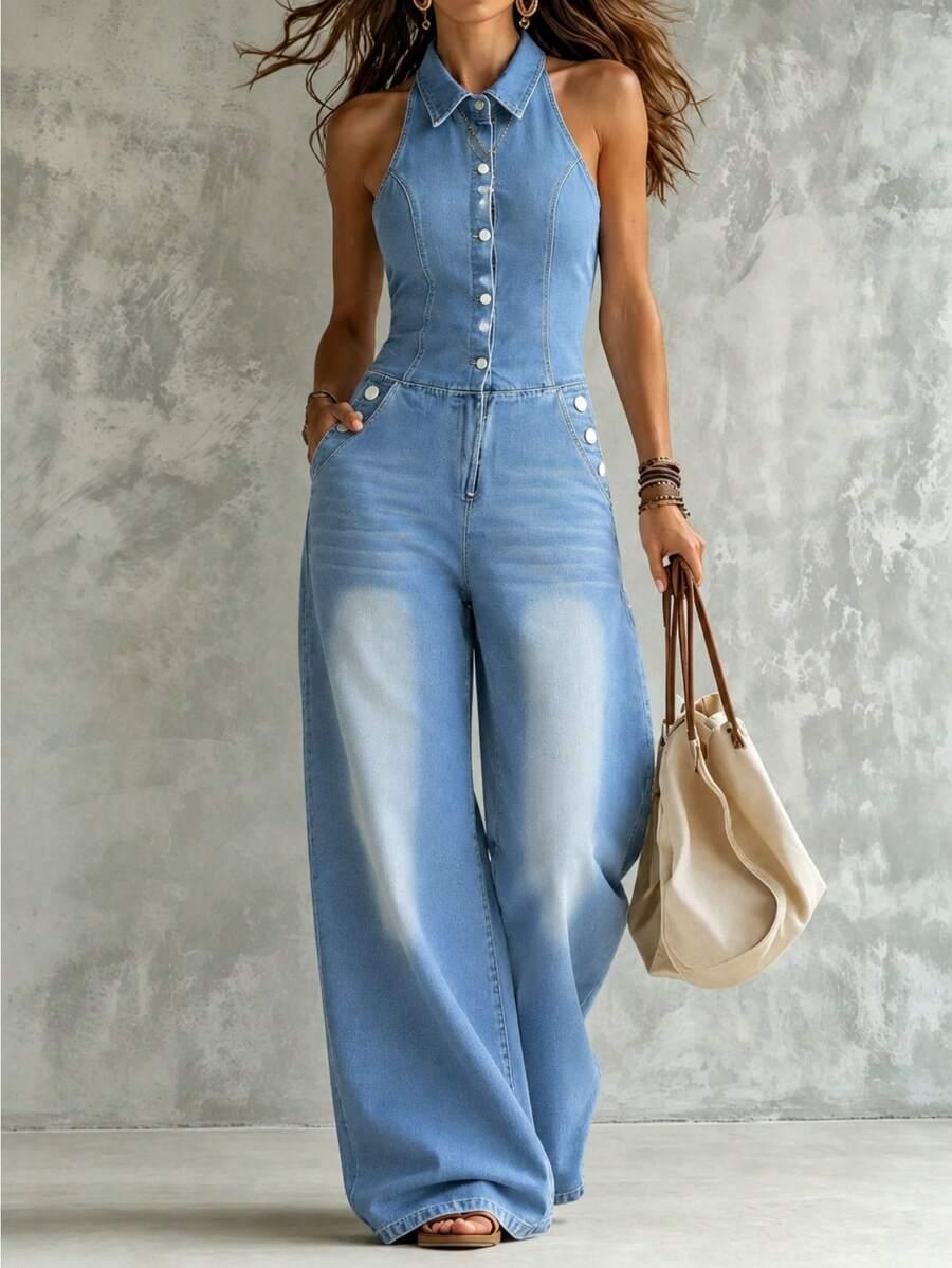 light blue denim halter neck button front jumpsuit