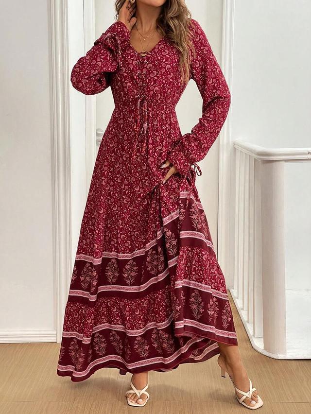 breezaya front lace up long sleeve pleated maxi dress