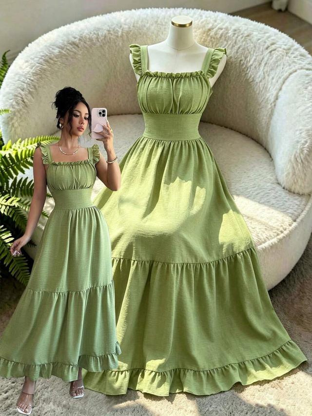 french green ruffled collar cap sleeve vacation dress
