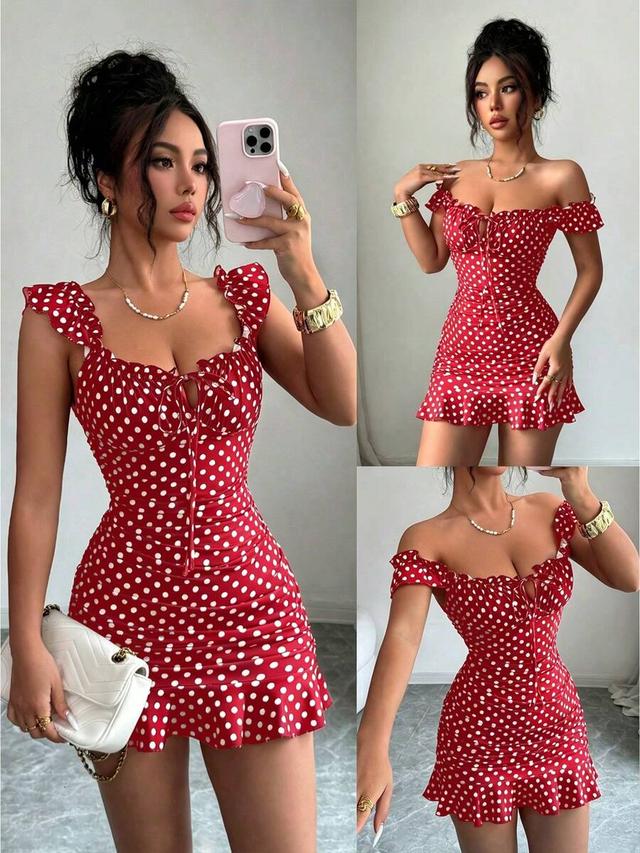 vavabold polka dot print fitted twist ruffle hem dress