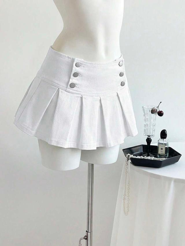 white low-waist denim pleated mini skirt