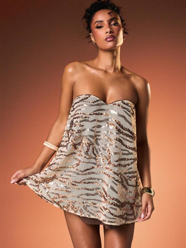 sequin animal print strapless mini party dress