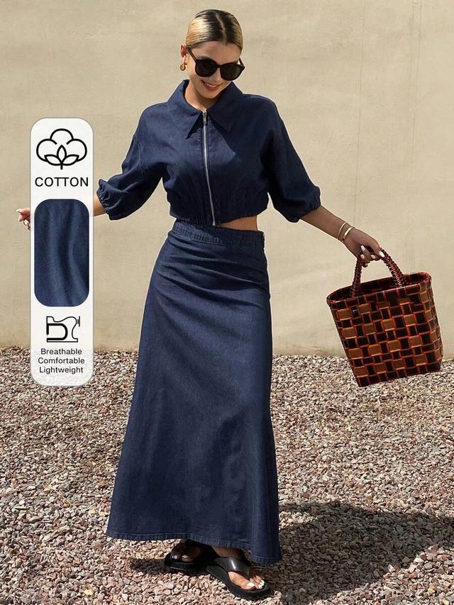 vintage washed denim zip-up jacket and skirt set