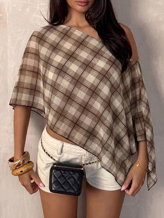 plaid print asymmetric chiffon cape blouse