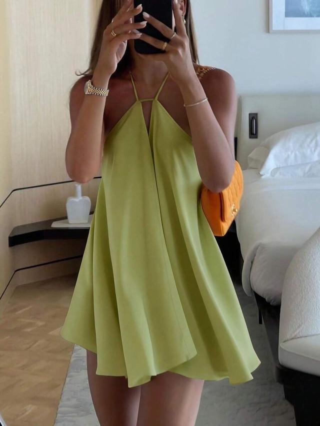 women's summer pure green loose backless mini dress