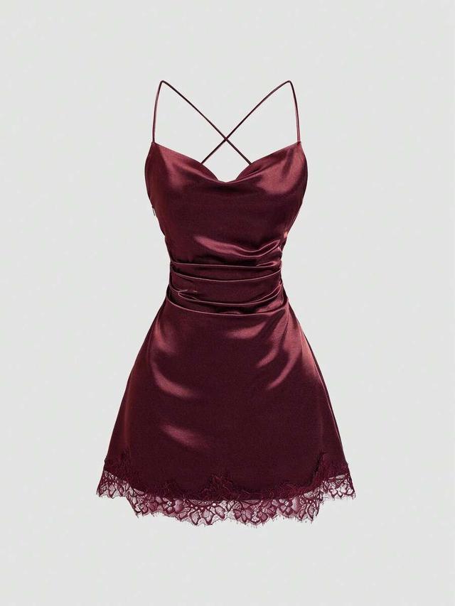 coffee satin mini dress with contrast lace hem