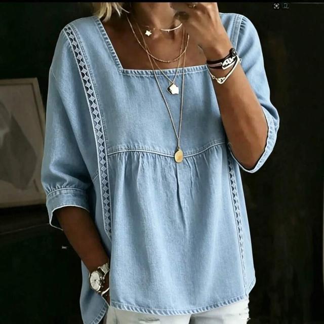 women's light wash denim square neck ruffle top