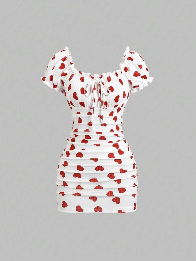 white heart print ruched bodycon mini dress