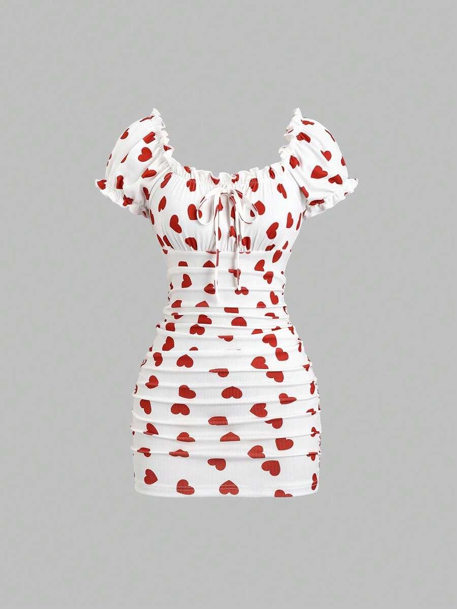 white heart print ruched bodycon mini dress