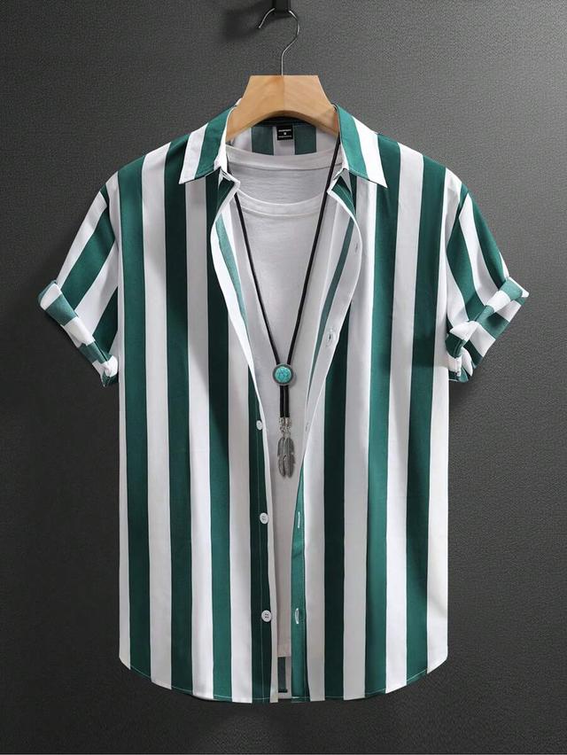 green and white striped short sleeve button down shirt