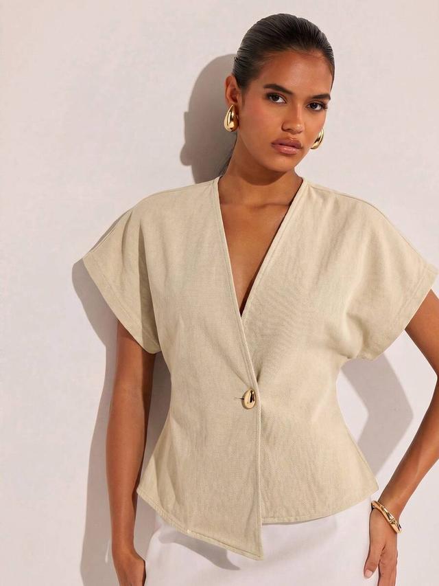 cosmina beige denim short sleeve casual elegant blouse