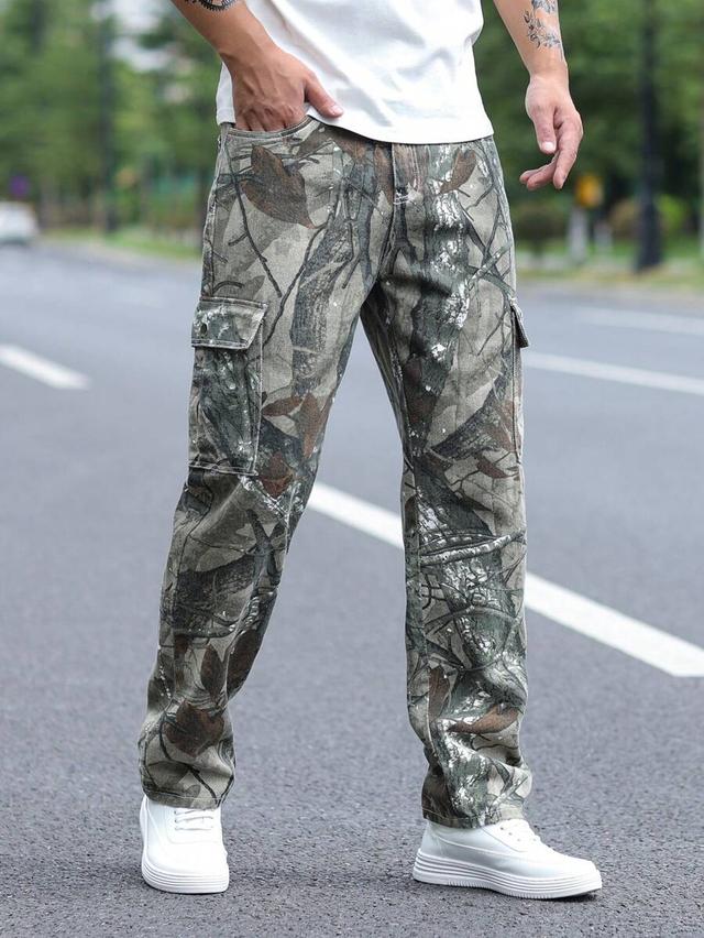 men's camouflage washed denim cargo pants