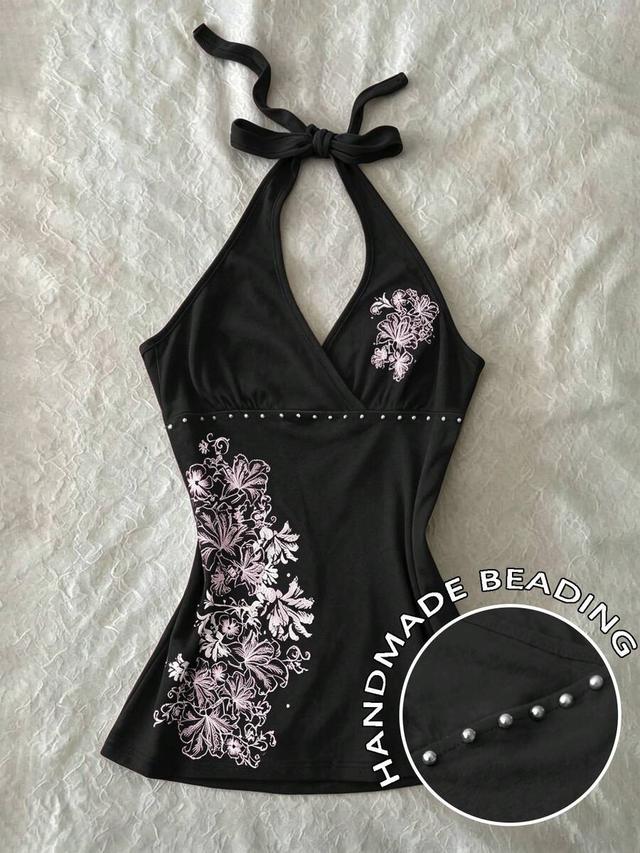 handmade beaded and foil print floral halter tank top
