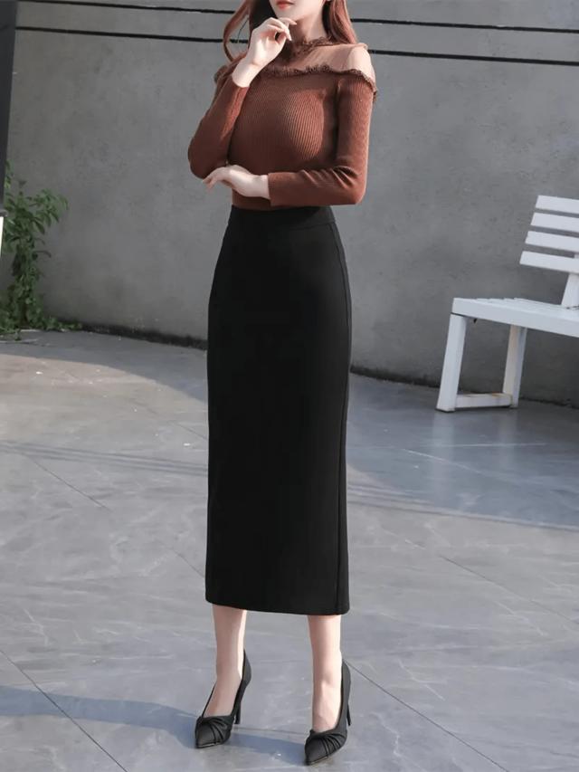 elegant solid color high waist slim pencil skirt
