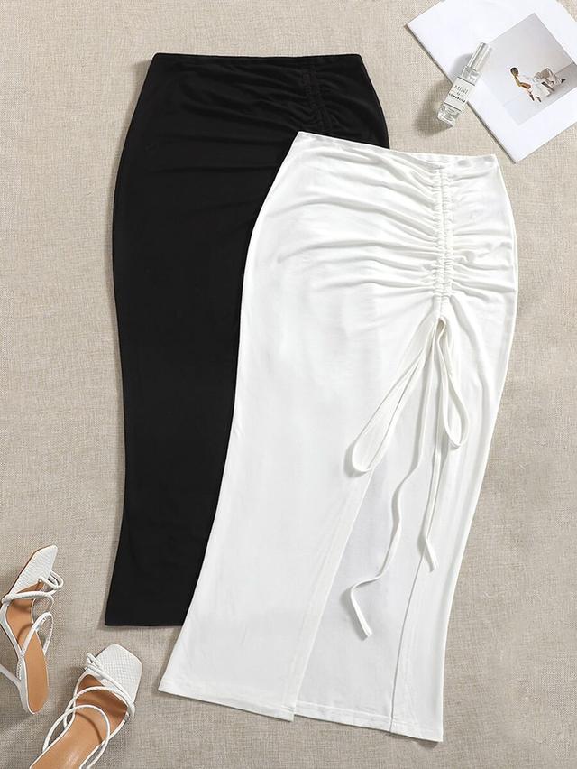 black drawstring split thigh midi skirt