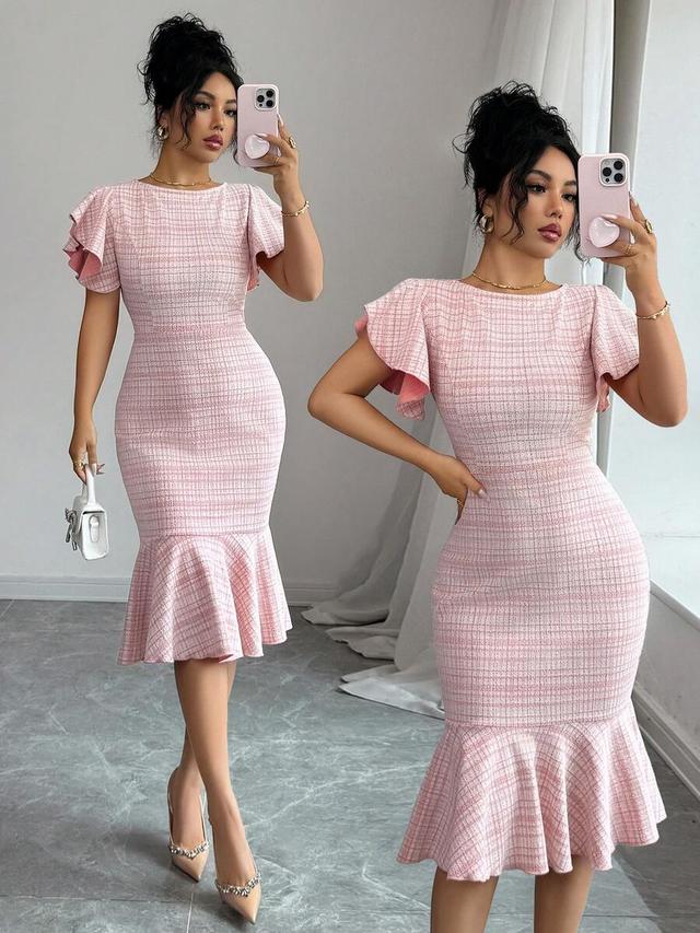 pink tweed check flutter sleeve mermaid dress