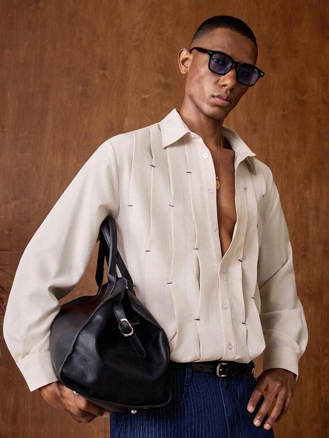 aknotic light khaki textured long sleeve button-up shirt