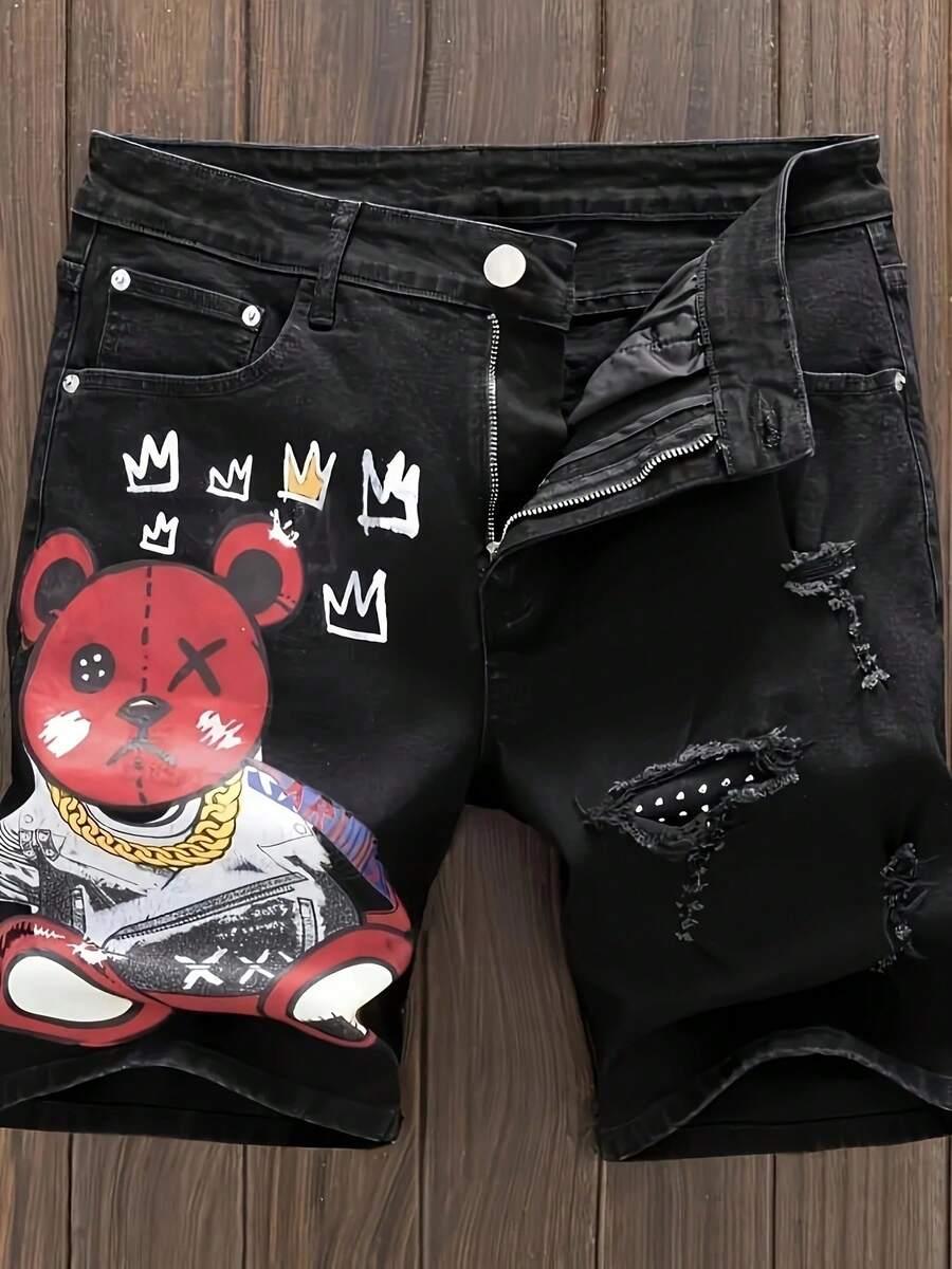 black denim shorts with graphic bear print