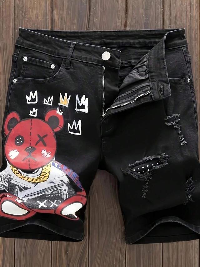 black denim shorts with graphic bear print