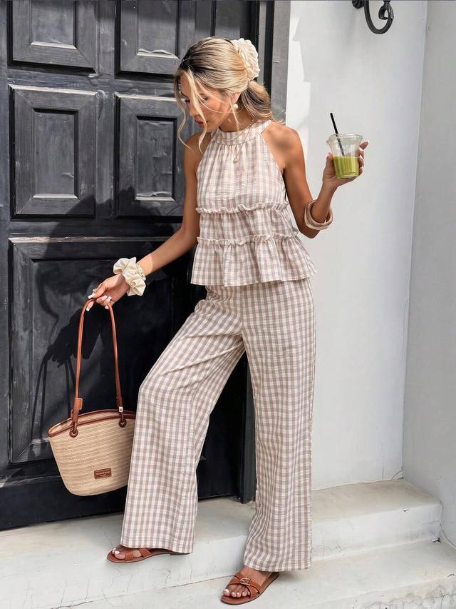 red and white plaid sleeveless ruffle peplum halter set