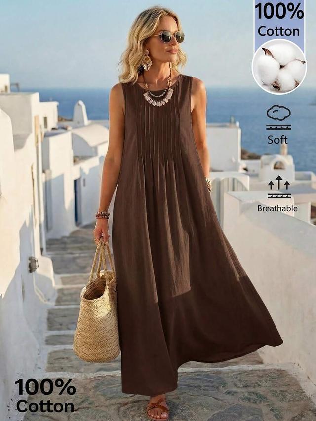 coffee brown minimalist pleated round neck cotton dress