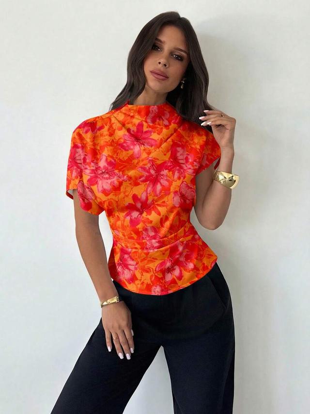 burnt orange floral print ruched waist blouse