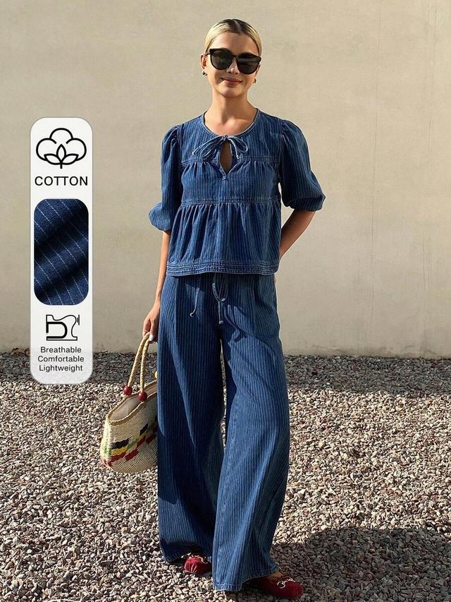 striped denim tie-neck blouse and matching wide-leg trousers