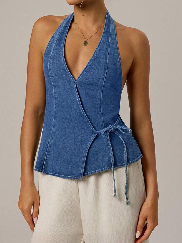 casual side tie halter neck denim top
