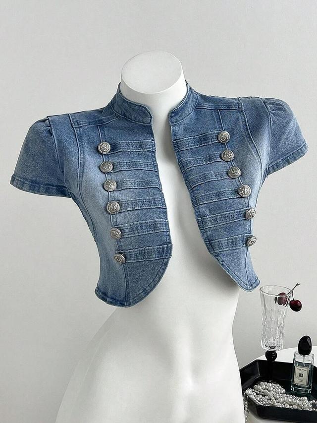 washed denim napoleon style stand collar cropped top