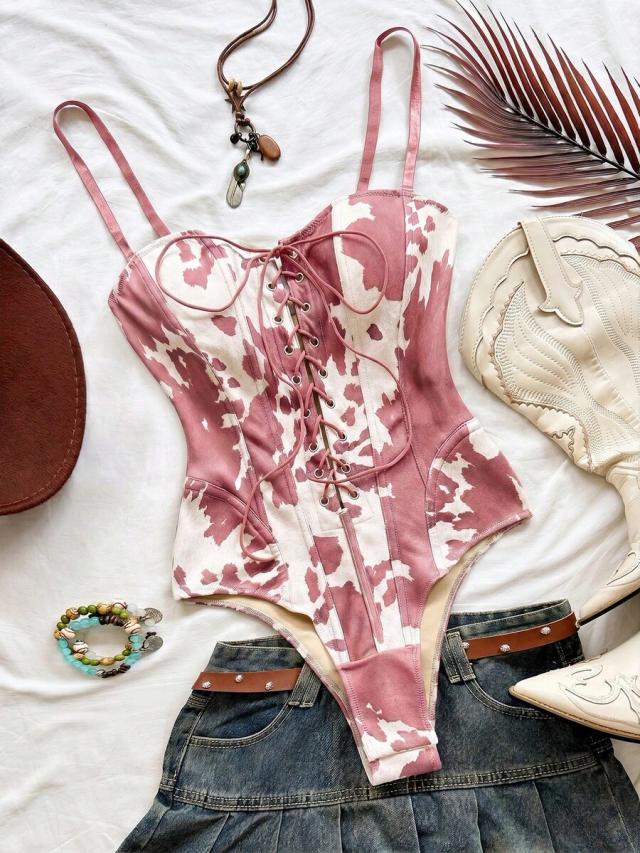pink cow print lace-up corset bodysuit