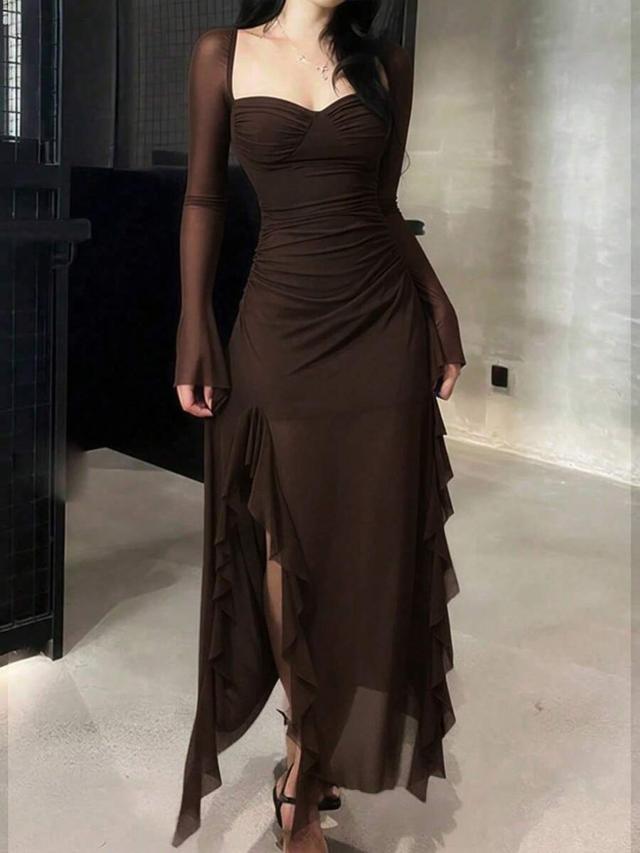 women's elegant casual ruffle trim long sleeve mesh dress