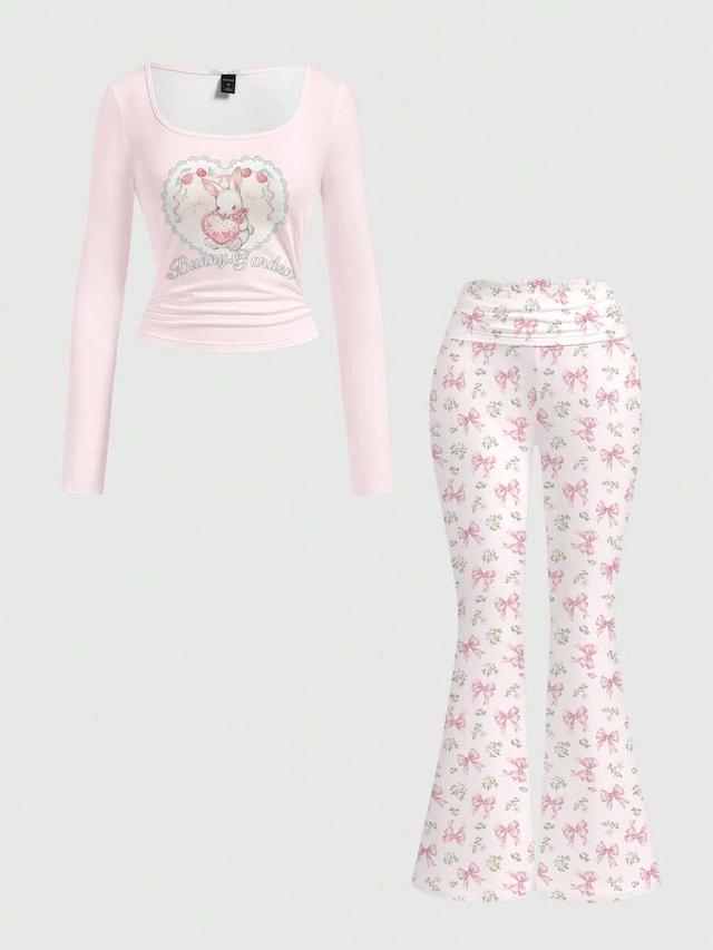 pink kawaii rabbit bow print flare pants and top set