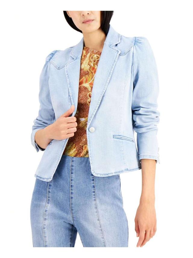 light wash denim puff-sleeve blazer